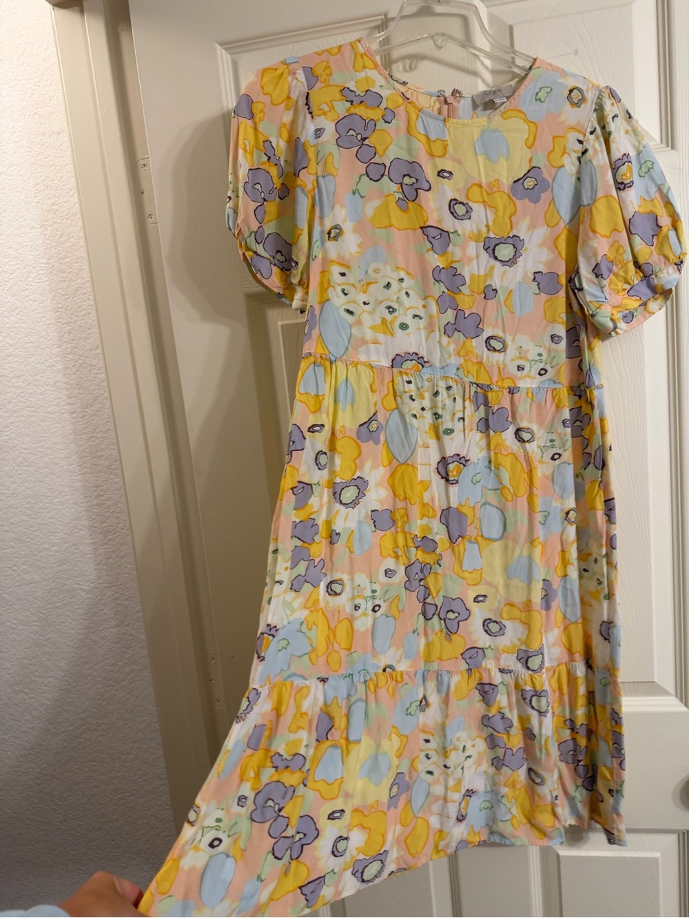 LOFT Pastel Floral Tiered Mini Dress in Yellow, Lavender & Light Blue